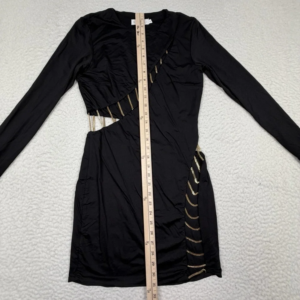 Meshki Chain Dress Women's Medium Black Gold Mini Bodycon Sexy Designer Stretch - Picture 7 of 12